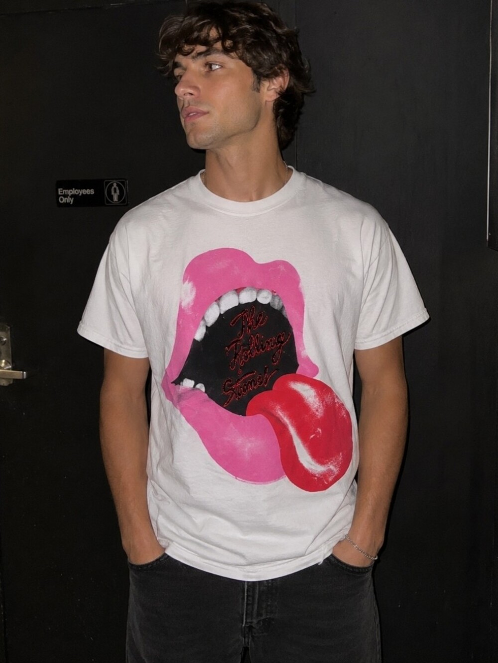 The Rolling Stone Tounge White T shirt with black gems size Medium